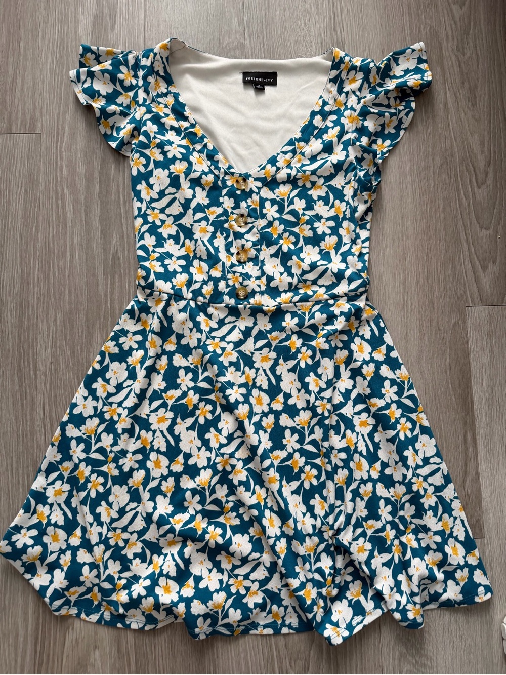 Lush Teal Floral Button-Front Mini Dress with Flutter Sleeves